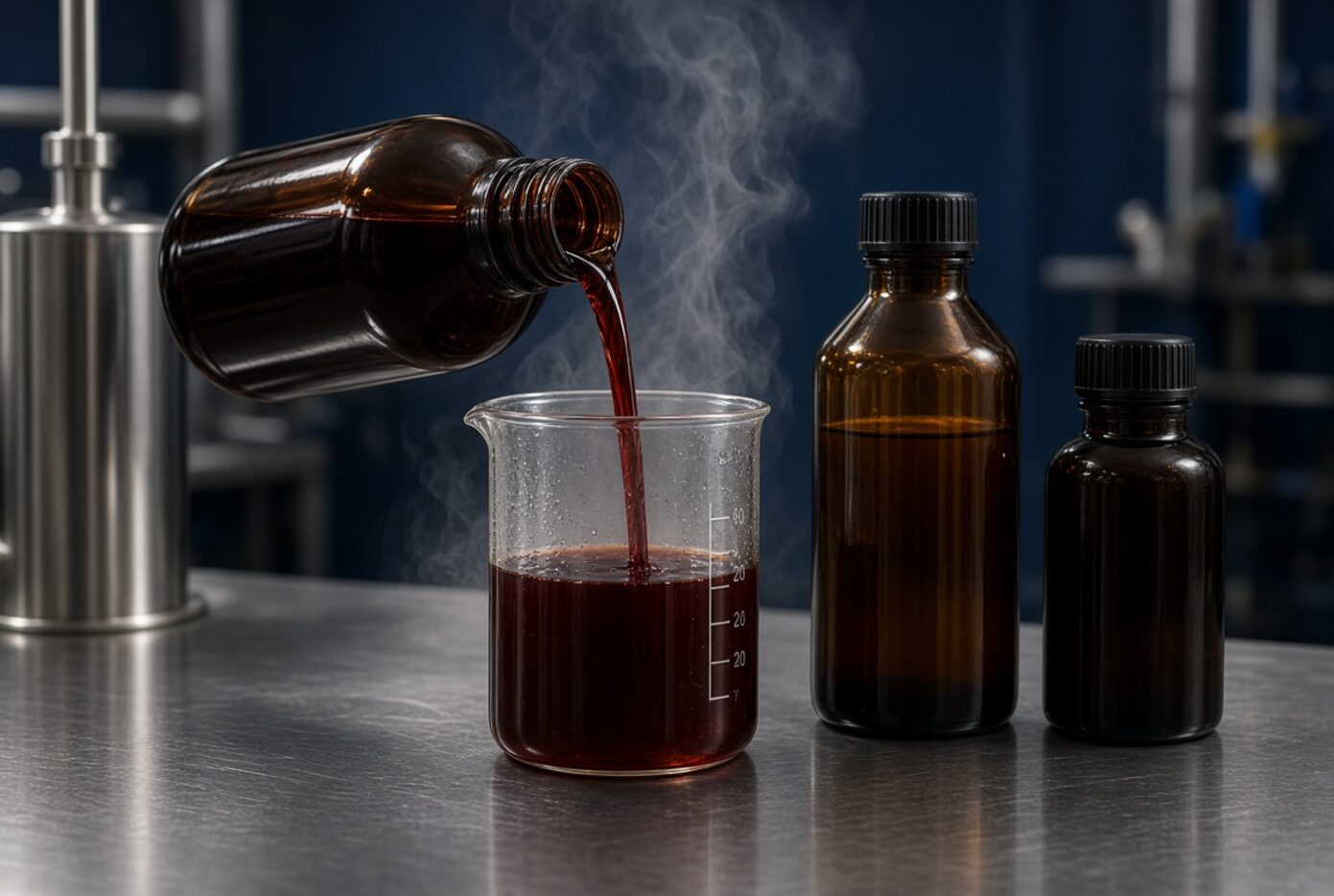 Dark-red production chemical being measured in a lab