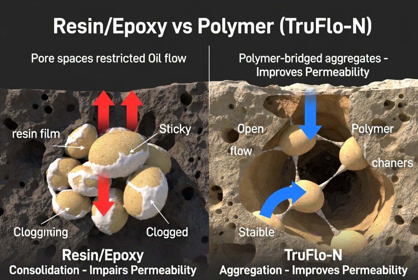 Resin film clogging pores versus TruFlo-N polymer bridges