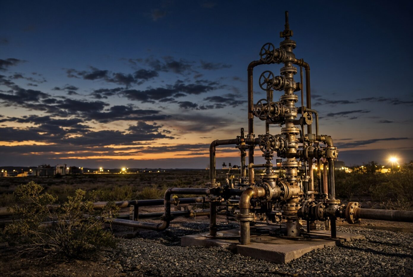 Producing wellhead on a Texas pad at dusk