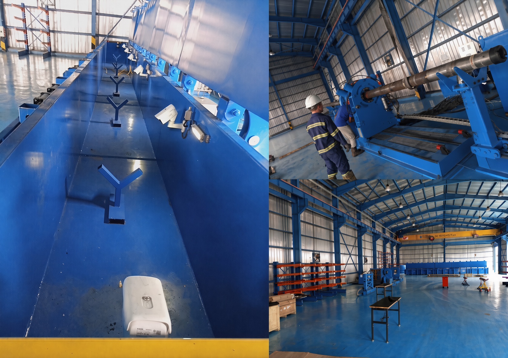 Completions workshop: test trough, torque makeup, and overhead crane bay